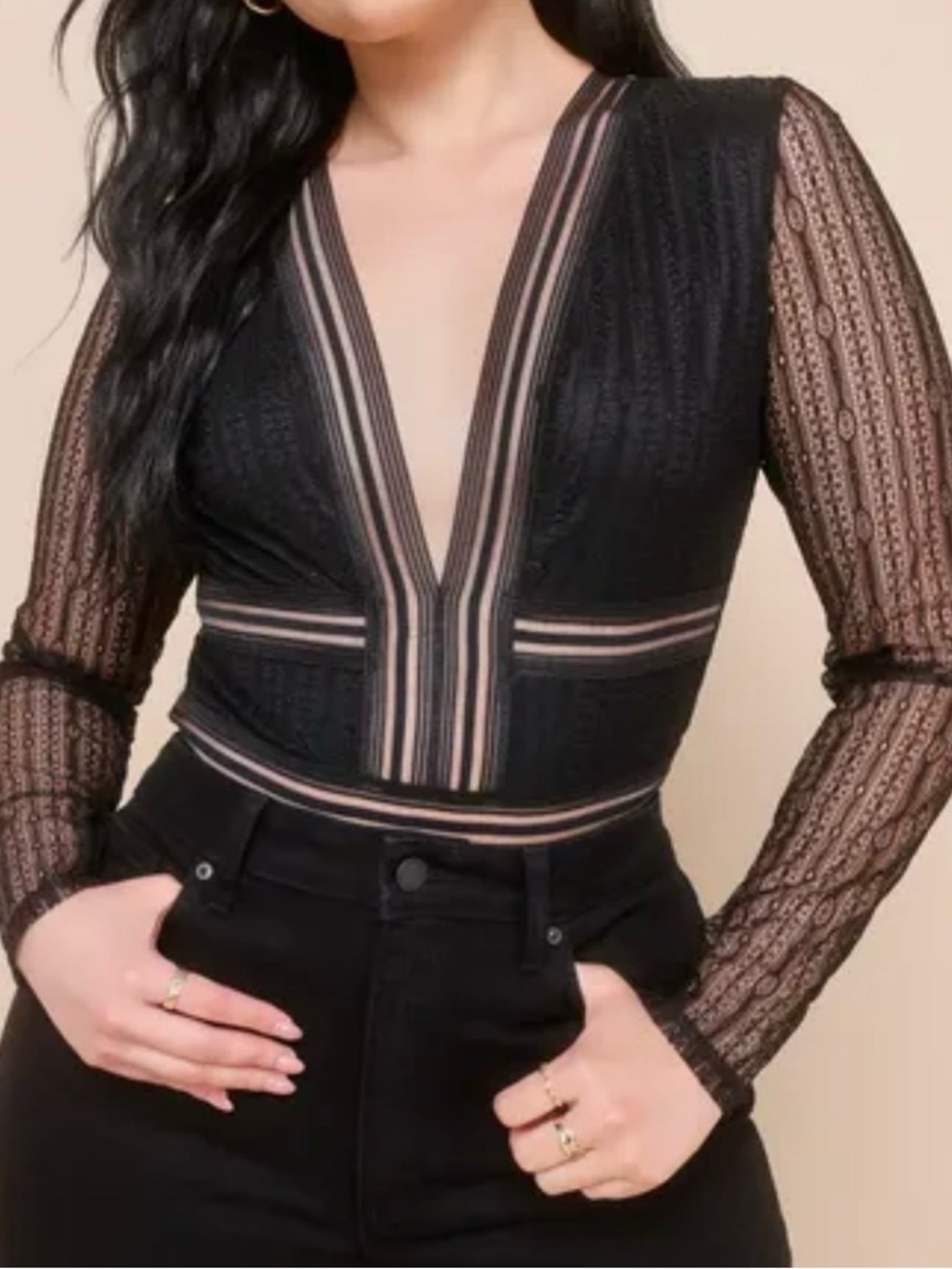 Lulu's Black Sheer Lace Deep V-Neck Bodysuit with Striped Trim L